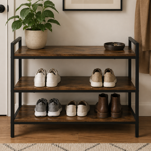 3 Tier Metal Shoe Rack with Wooden Shelves