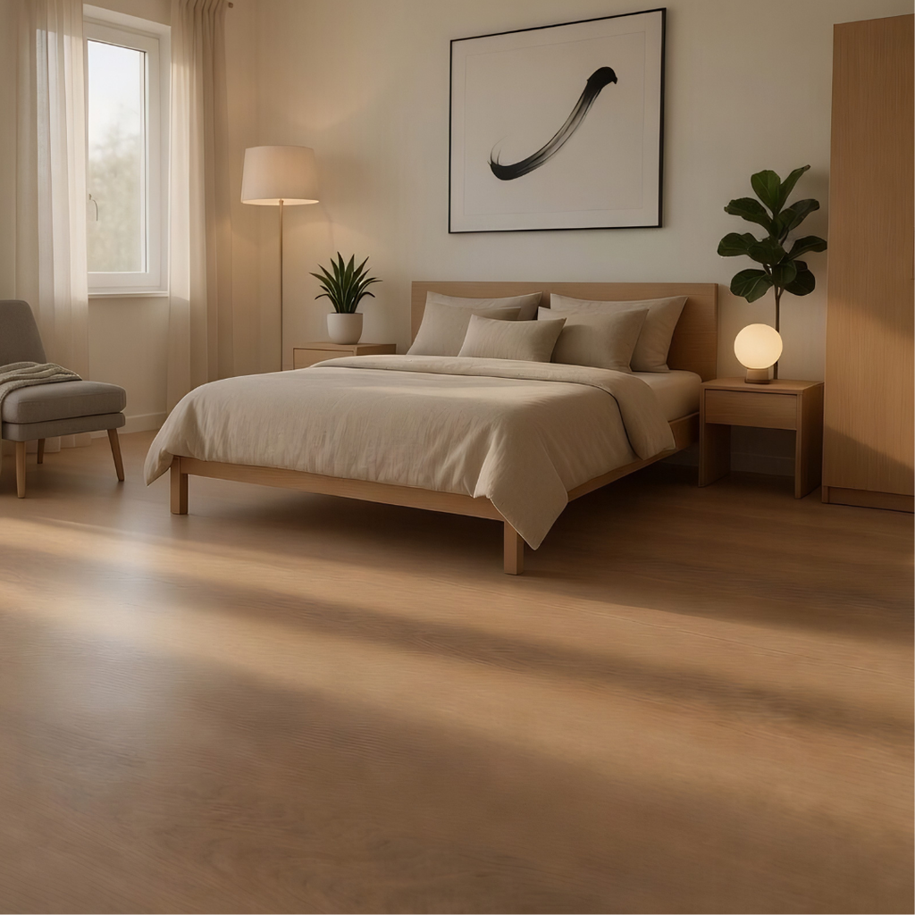 Light Brown SPC Vinyl Flooring Sample in a bedroom setting