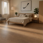 Light Brown SPC Vinyl Flooring Sample in a bedroom setting