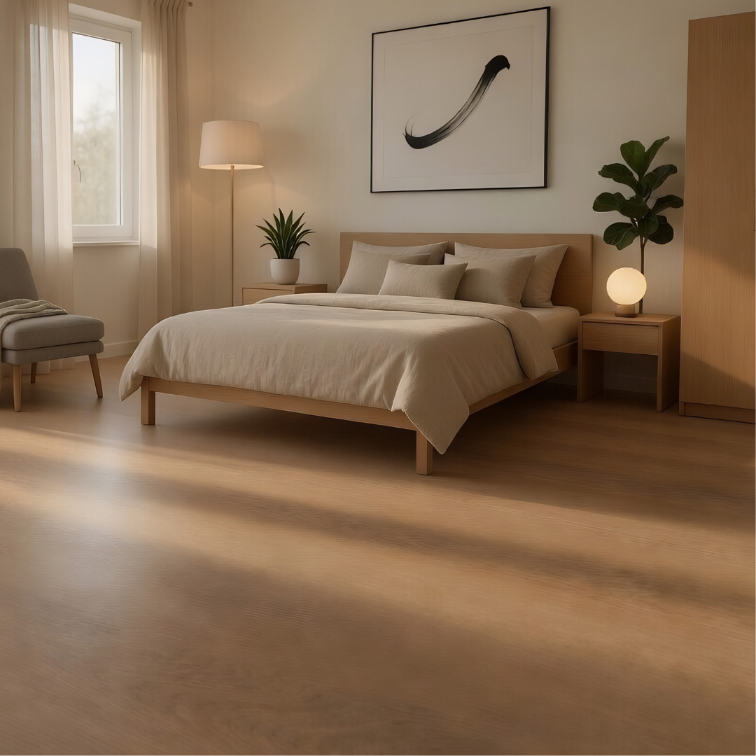 Light Brown SPC Vinyl Flooring Sample in a bedroom setting