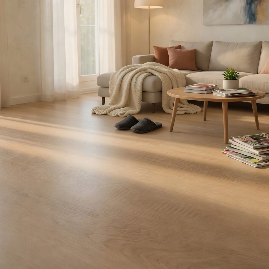 Light Brown SPC Vinyl Flooring Sample in a bedroom setting