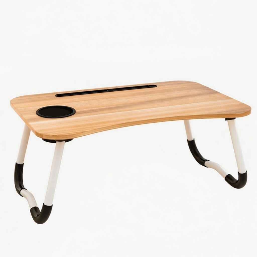 Foldable table with cup holder and tablet holder. Light brown surface with white legs. For beds and sofas