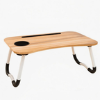 Foldable table with cup holder and tablet holder. Light brown surface with white legs. For beds and sofas