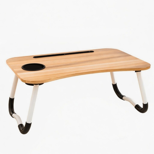 Foldable table with cup holder and tablet holder. Light brown surface with white legs. For beds and sofas