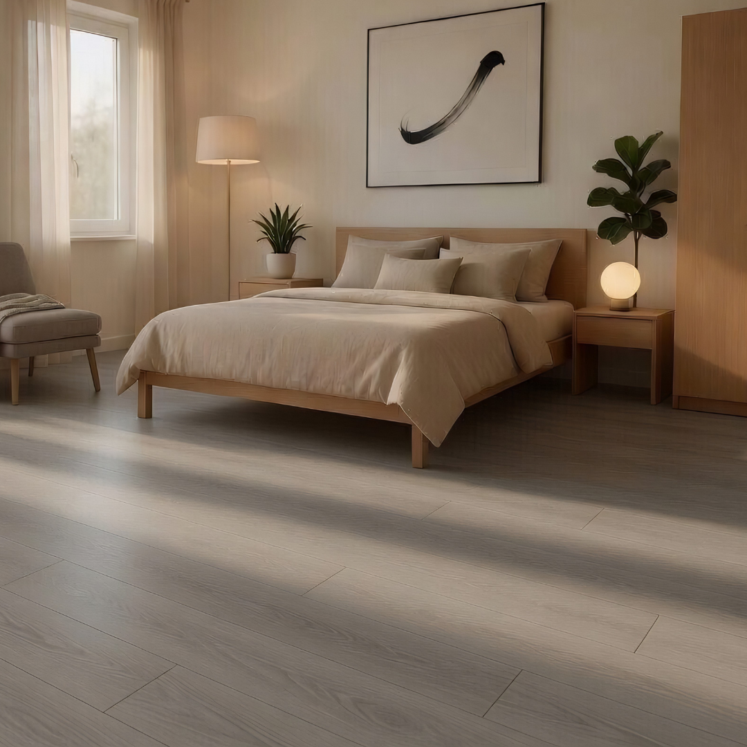Grey SPC Vinyl Flooring Sample in a bedroom setting