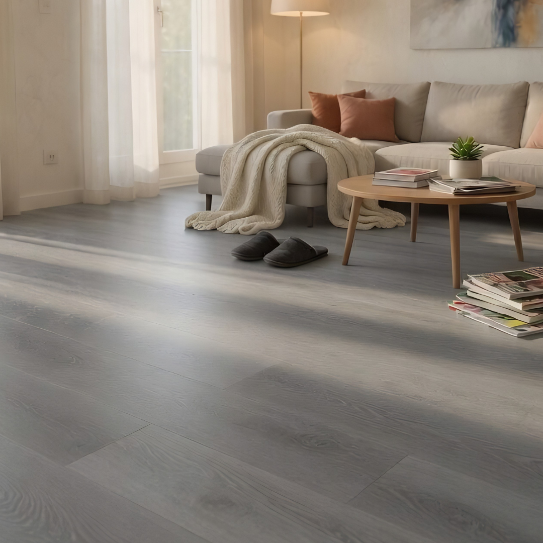Grey SPC Vinyl Flooring Sample in a living room setting