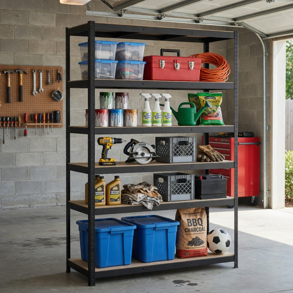 Heavy Duty Black Galvanized Shelving with MDF Board in Garage