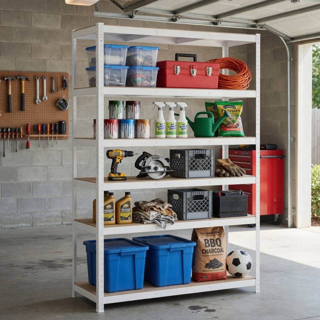 Heavy Duty White Galvanized Shelving with MDF Board in Garage