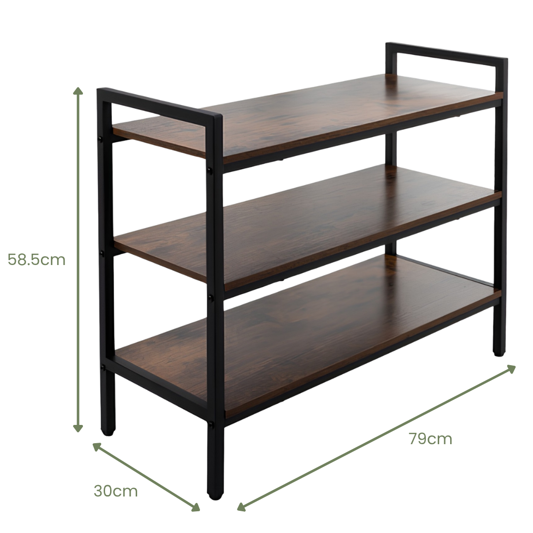 3 Tier Metal Shoe Rack with Wooden Shelves