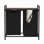 Laundry basket with black material and a dark brown wood surface. Black metal Frame