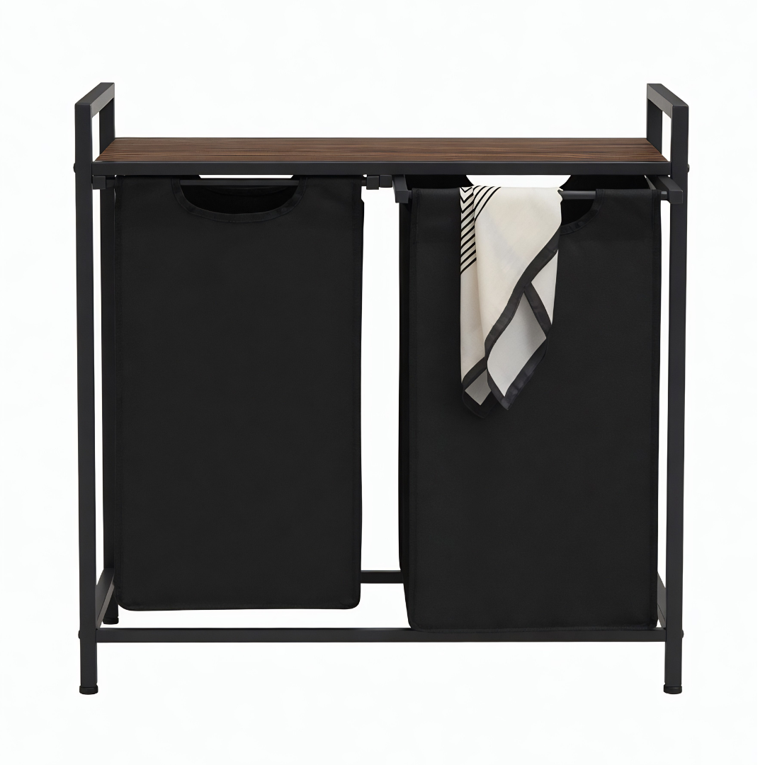 Laundry basket with black material and a dark brown wood surface. Black metal Frame